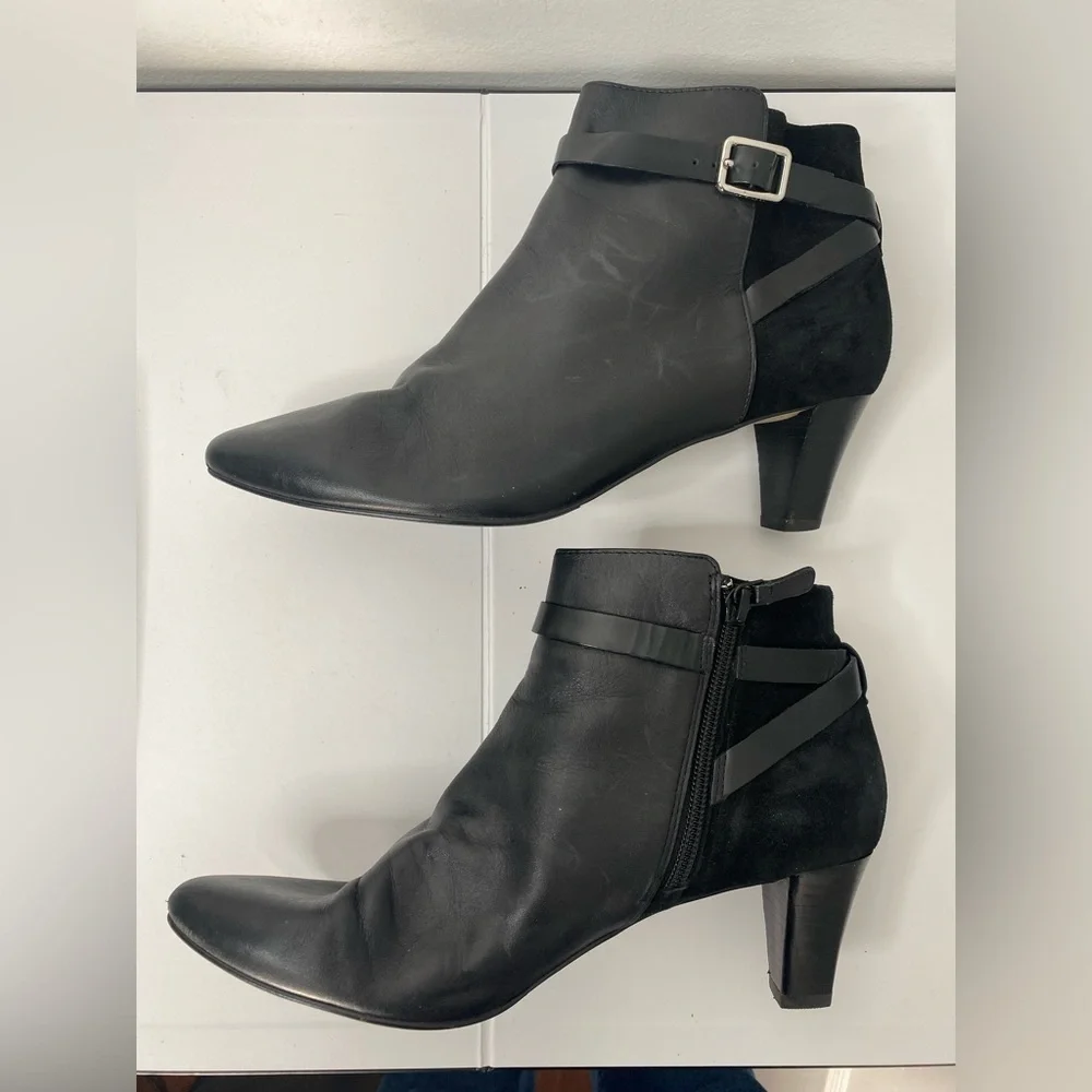 Cole Haan Sylvan Black Leather Suede Ankle Booties w Buckled Belt Hardware